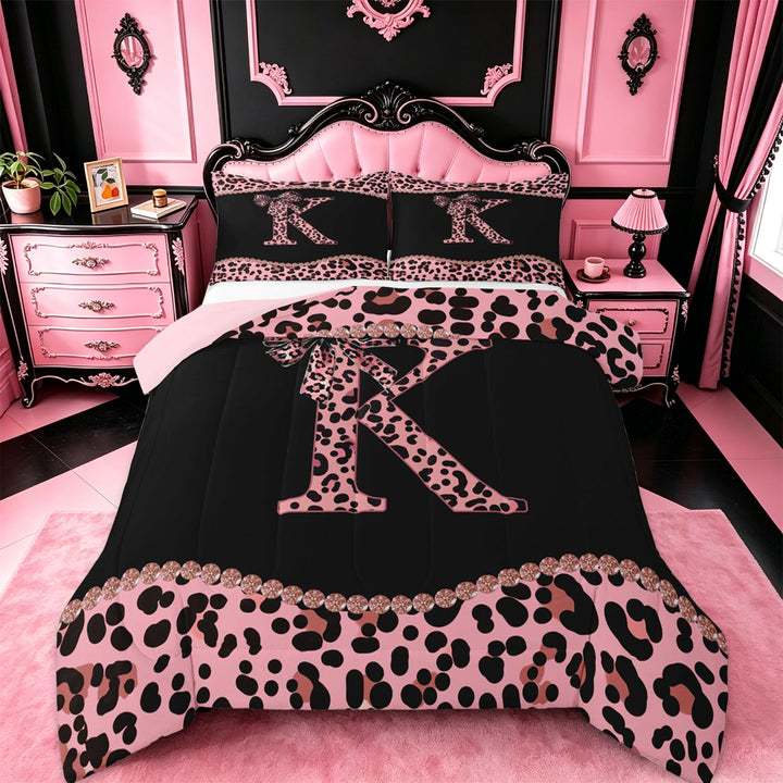 meiyoeat Classic Cheetah Print Full Size Comforter Sets For Kids,Pink Bow Initial Letter K Bedding Sets For Girls,pink Reversible,3pcs