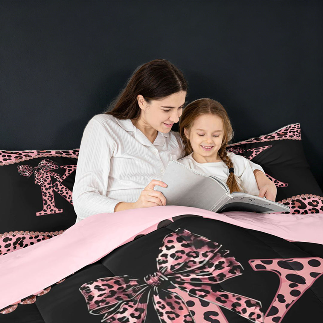 meiyoeat Classic Cheetah Print Full Size Comforter Sets For Kids,Pink Bow Initial Letter K Bedding Sets For Girls,pink Reversible,3pcs