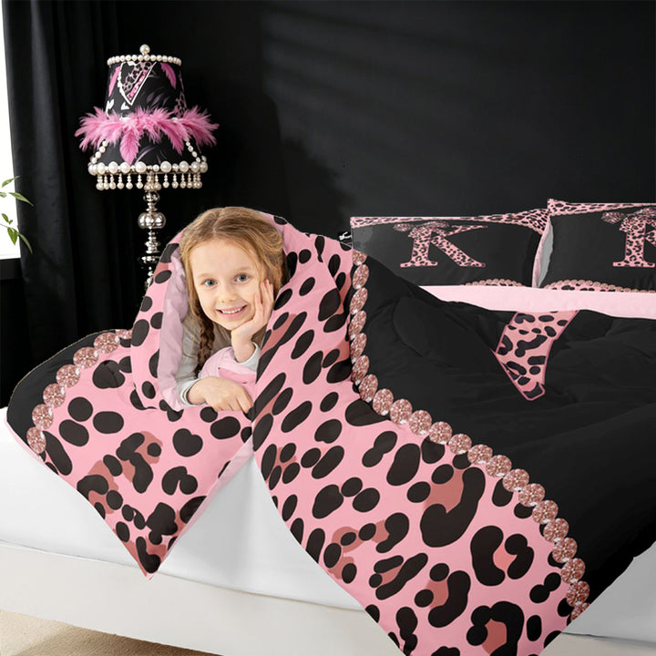 meiyoeat Classic Cheetah Print Full Size Comforter Sets For Kids,Pink Bow Initial Letter K Bedding Sets For Girls,pink Reversible,3pcs