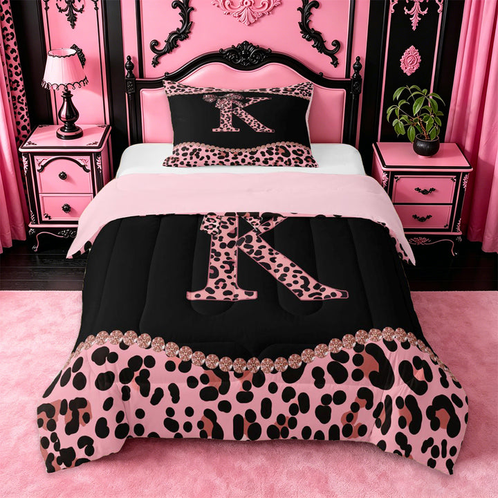 meiyoeat Classic Cheetah Print Full Size Comforter Sets For Kids,Pink Bow Initial Letter K Bedding Sets For Girls,pink Reversible,3pcs