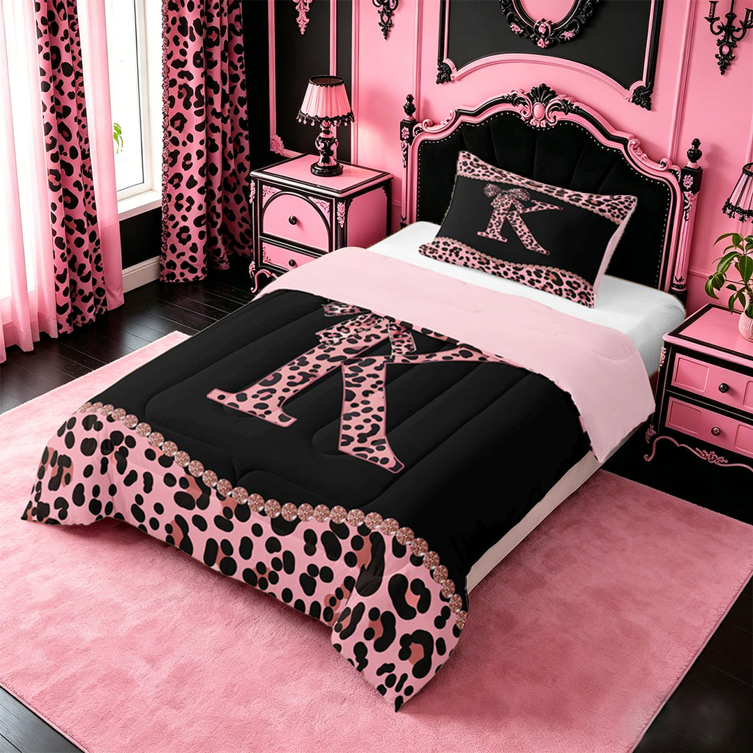 meiyoeat Classic Cheetah Print Full Size Comforter Sets For Kids,Pink Bow Initial Letter K Bedding Sets For Girls,pink Reversible,3pcs
