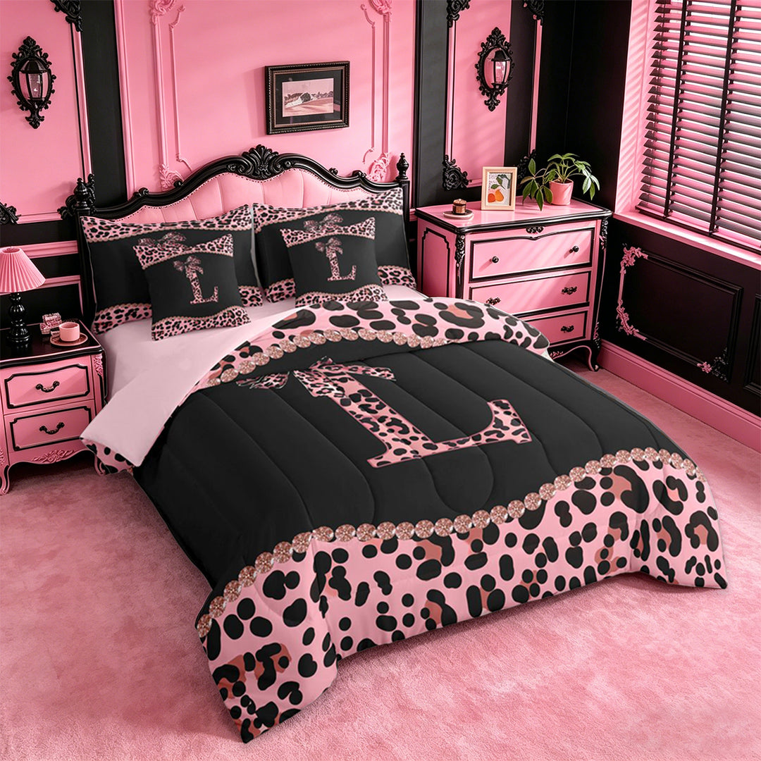 meiyoeat Pink Monogram L 7 Pieces Bedding Comforter Set For Girls,Fashion Leopard Pattern Full Bedding Set For Kids,pink Reversible