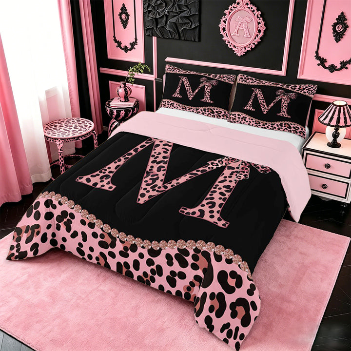 meiyoeat Pink Coquette Bowknot Full Size Comforter Sets For Leopard Bow Lover,Kids Personalized Initial M Bedding Sets,pink Reversible,3 Pieces