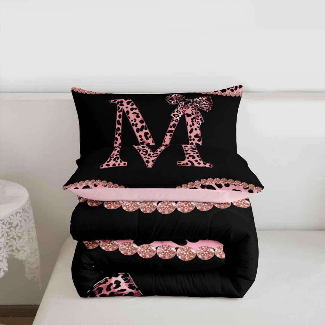 meiyoeat Pink Coquette Bowknot Full Size Comforter Sets For Leopard Bow Lover,Kids Personalized Initial M Bedding Sets,pink Reversible,3 Pieces