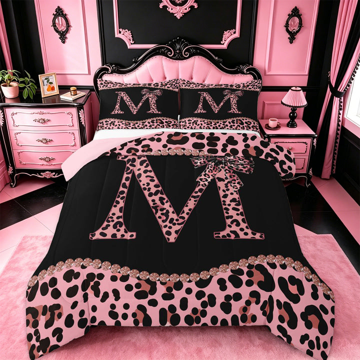 meiyoeat Pink Coquette Bowknot Full Size Comforter Sets For Leopard Bow Lover,Kids Personalized Initial M Bedding Sets,pink Reversible,3 Pieces