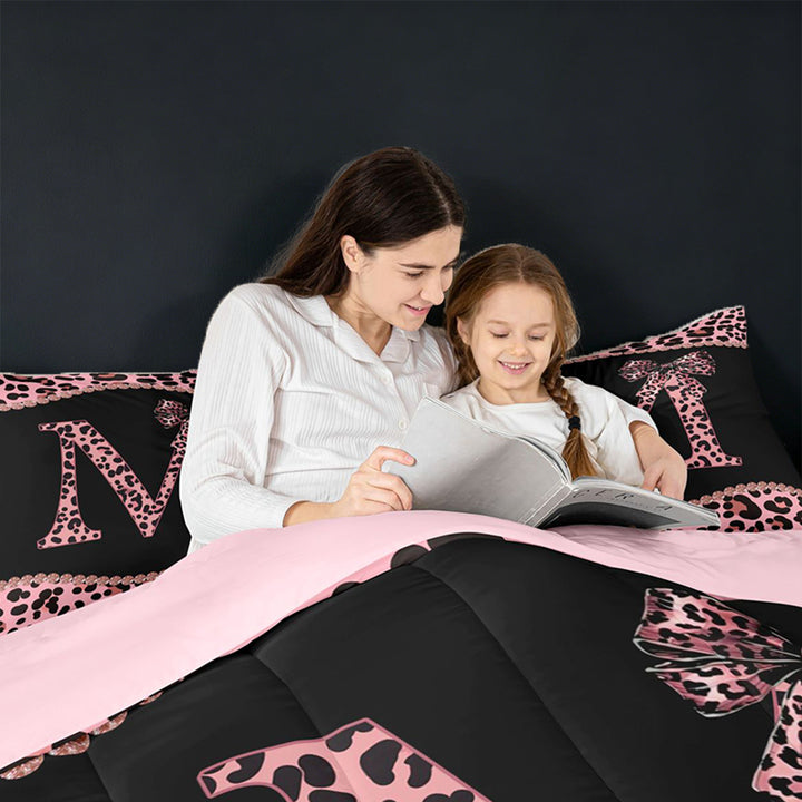 meiyoeat Pink Coquette Bowknot Full Size Comforter Sets For Leopard Bow Lover,Kids Personalized Initial M Bedding Sets,pink Reversible,3 Pieces