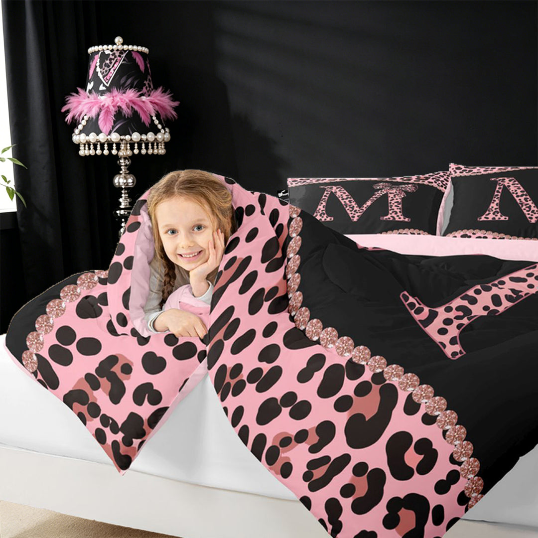 meiyoeat Pink Coquette Bowknot 7 Pieces Bedding Comforter Set For Leopard Bow Lover,Kids Personalized Initial M Full Bedding Set,pink Reversible