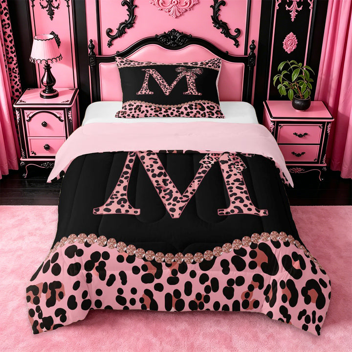 meiyoeat Pink Coquette Bowknot Full Size Comforter Sets For Leopard Bow Lover,Kids Personalized Initial M Bedding Sets,pink Reversible,3 Pieces