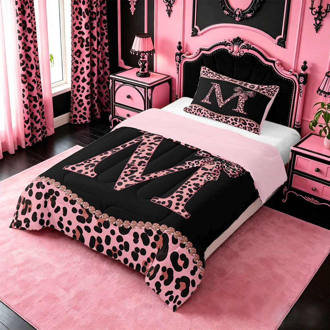 meiyoeat Pink Coquette Bowknot Full Size Comforter Sets For Leopard Bow Lover,Kids Personalized Initial M Bedding Sets,pink Reversible,3 Pieces
