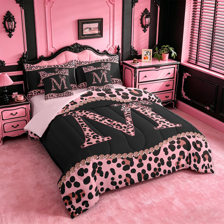 meiyoeat Pink Coquette Bowknot 7 Pieces Bedding Comforter Set For Leopard Bow Lover,Kids Personalized Initial M Full Bedding Set,pink Reversible