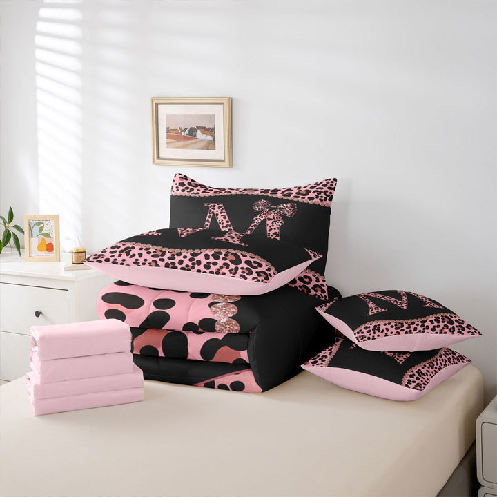 meiyoeat Pink Coquette Bowknot 7 Pieces Bedding Comforter Set For Leopard Bow Lover,Kids Personalized Initial M Full Bedding Set,pink Reversible