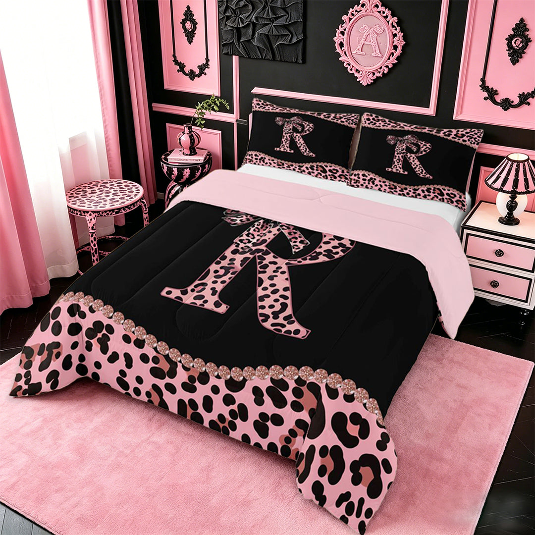 meiyoeat Dreamy Princess Bowknot Full Size Comforter Sets For Girls,Cheetah Pattern Monogrammed R Print Bedding Sets For Kids,pink Reversible,3-Piece
