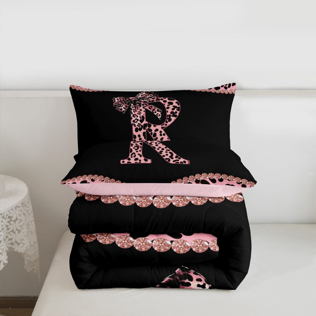 meiyoeat Dreamy Princess Bowknot Full Size Comforter Sets For Girls,Cheetah Pattern Monogrammed R Print Bedding Sets For Kids,pink Reversible,3-Piece