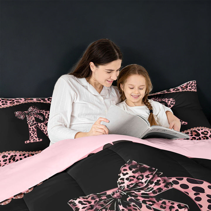 meiyoeat Dreamy Princess Bowknot 7 Pieces Bedding Comforter Set For Girls,Cheetah Pattern Monogrammed R Print Full Bedding Set For Kids,pink Reversible
