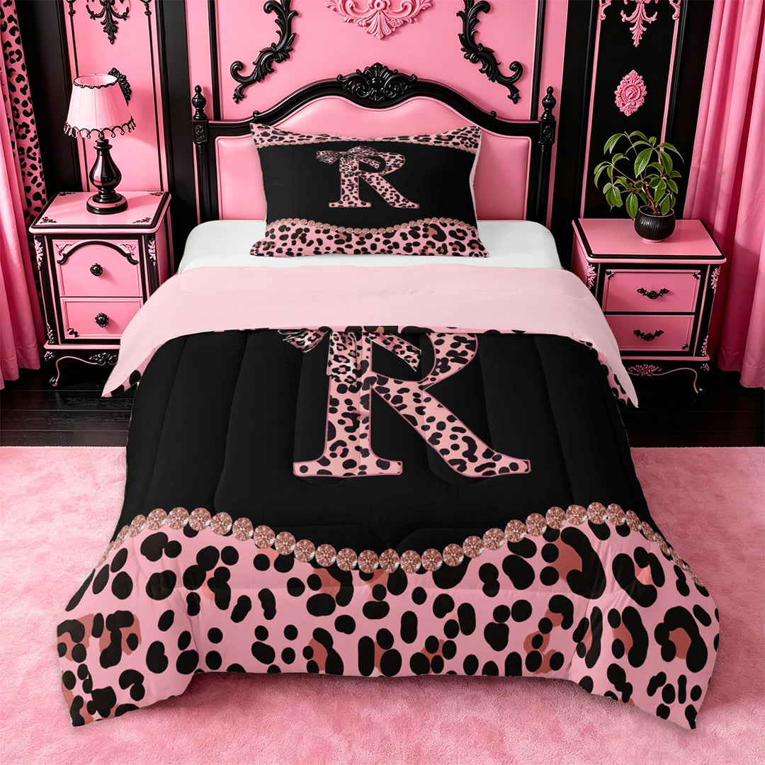 meiyoeat Dreamy Princess Bowknot Full Size Comforter Sets For Girls,Cheetah Pattern Monogrammed R Print Bedding Sets For Kids,pink Reversible,3-Piece