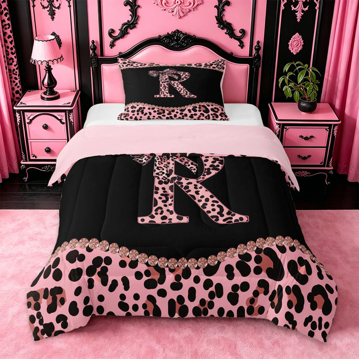 meiyoeat Dreamy Princess Bowknot Full Size Comforter Sets For Girls,Cheetah Pattern Monogrammed R Print Bedding Sets For Kids,pink Reversible,3-Piece