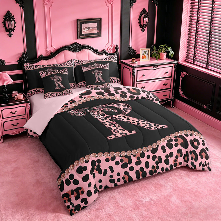 meiyoeat Dreamy Princess Bowknot 7 Pieces Bedding Comforter Set For Girls,Cheetah Pattern Monogrammed R Print Full Bedding Set For Kids,pink Reversible