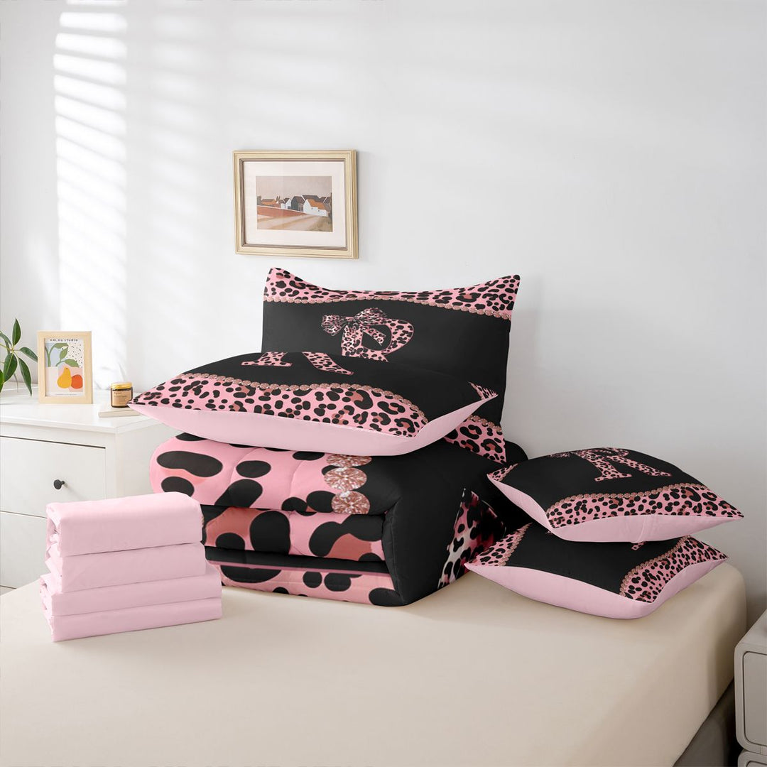 meiyoeat Dreamy Princess Bowknot 7 Pieces Bedding Comforter Set For Girls,Cheetah Pattern Monogrammed R Print Full Bedding Set For Kids,pink Reversible