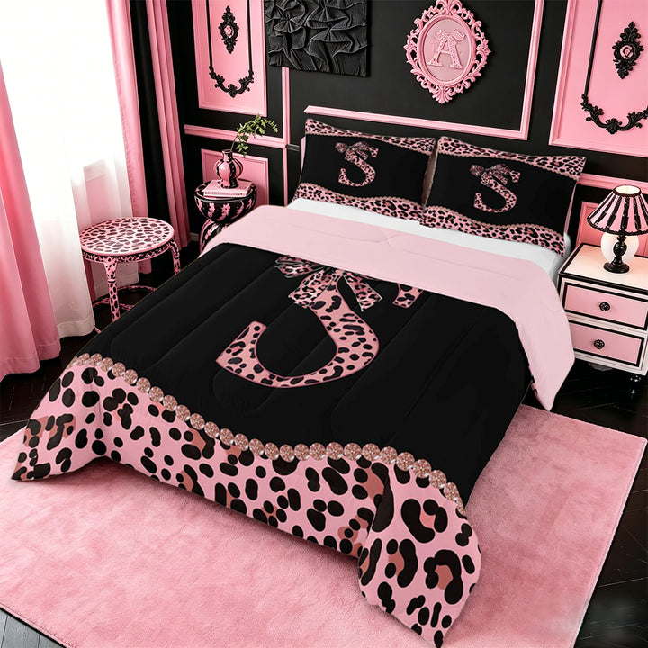 meiyoeat Cute Leopard Print Bow Full Size Comforter Sets For Kids,Pink Cheetah Pattern Monogram S Bedding Sets For Girls,pink Reversible,3 Pieces