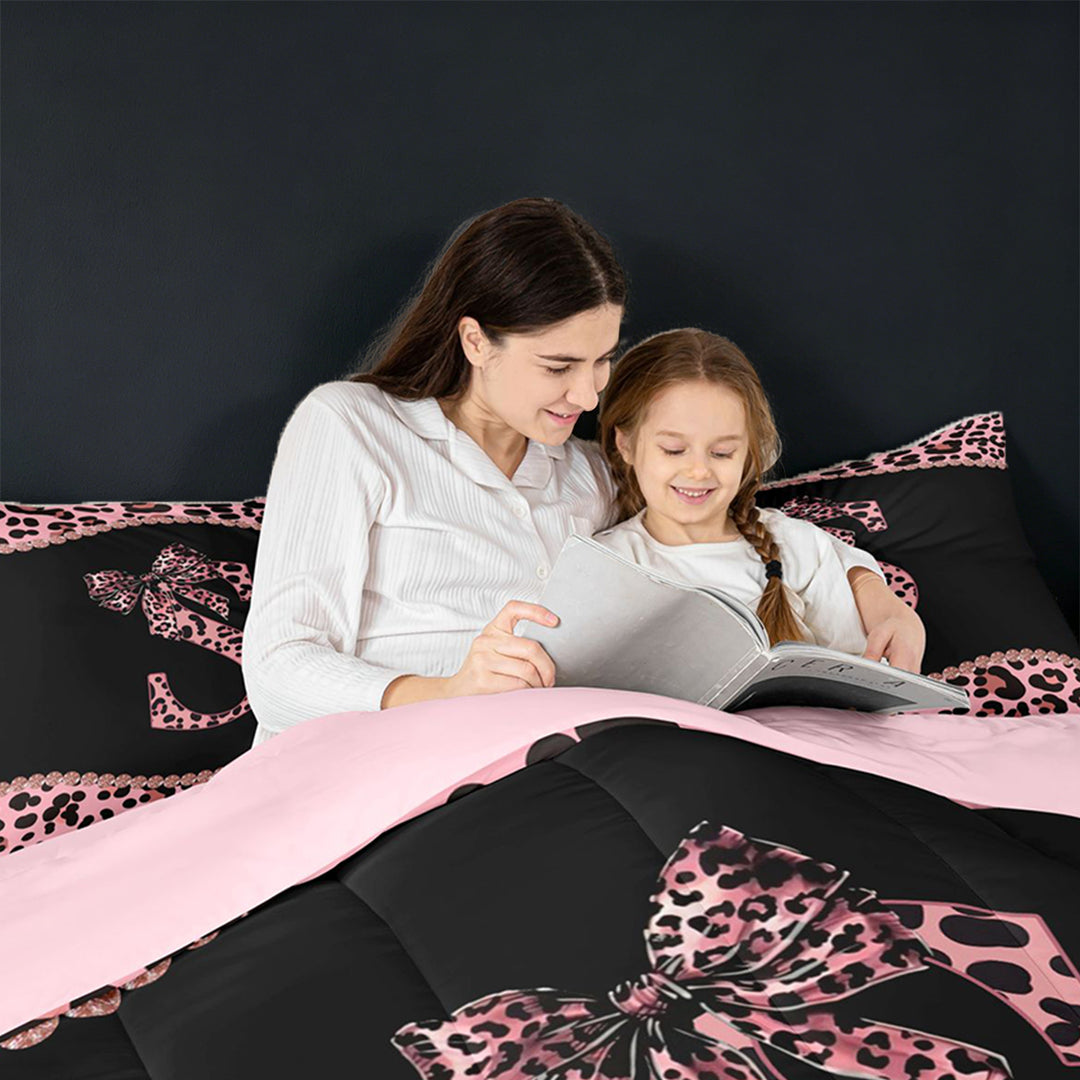 meiyoeat Cute Leopard Print Bow Full Size Comforter Sets For Kids,Pink Cheetah Pattern Monogram S Bedding Sets For Girls,pink Reversible,3 Pieces