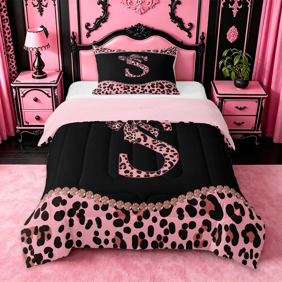 meiyoeat Cute Leopard Print Bow Full Size Comforter Sets For Kids,Pink Cheetah Pattern Monogram S Bedding Sets For Girls,pink Reversible,3 Pieces