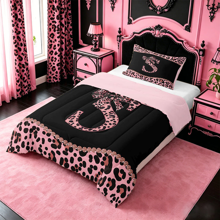 meiyoeat Cute Leopard Print Bow Full Size Comforter Sets For Kids,Pink Cheetah Pattern Monogram S Bedding Sets For Girls,pink Reversible,3 Pieces