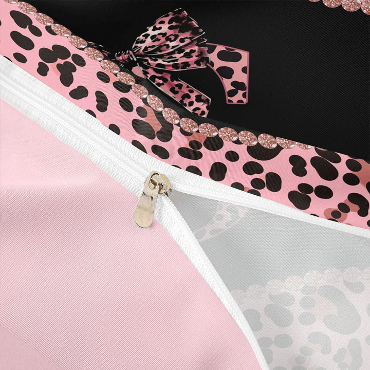meiyoeat Cute Leopard Print Bow Duvet Cover Set For Kids,Pink Cheetah Pattern Monogram S Bedding Full For Girls,pink Reversible,3 Pieces(No Comforter)
