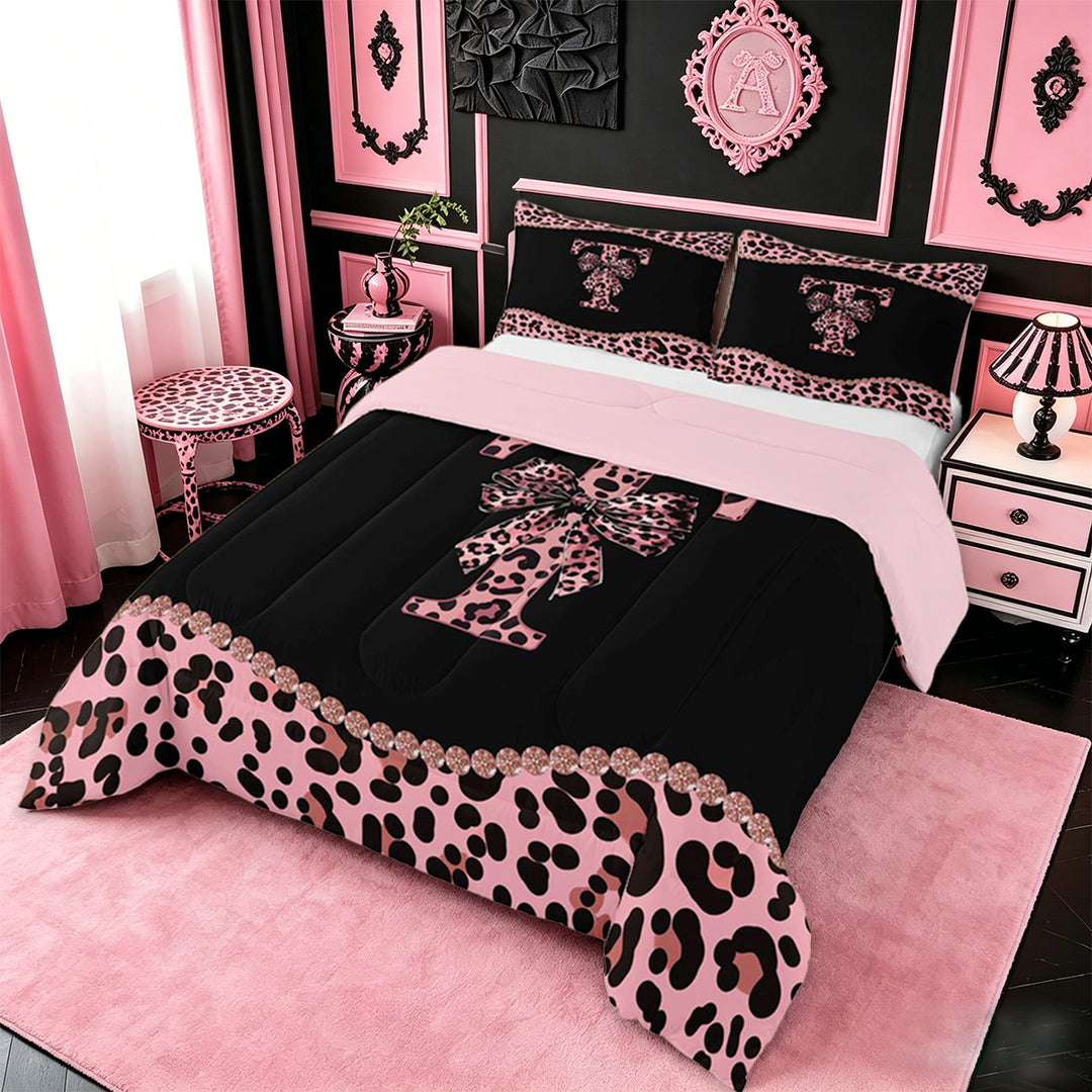 meiyoeat Leopard Bow Monogram T Print Full Size Comforter Sets For Cheetah Bow Lover,Pink Cute Bowknot Bedding Sets For Kids Girls,pink Reversible,3pcs