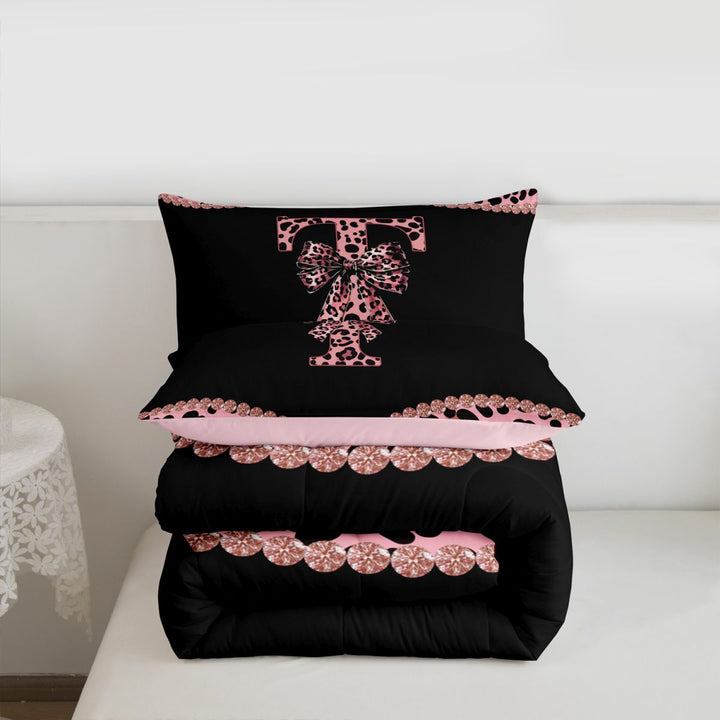 meiyoeat Leopard Bow Monogram T Print Full Size Comforter Sets For Cheetah Bow Lover,Pink Cute Bowknot Bedding Sets For Kids Girls,pink Reversible,3pcs