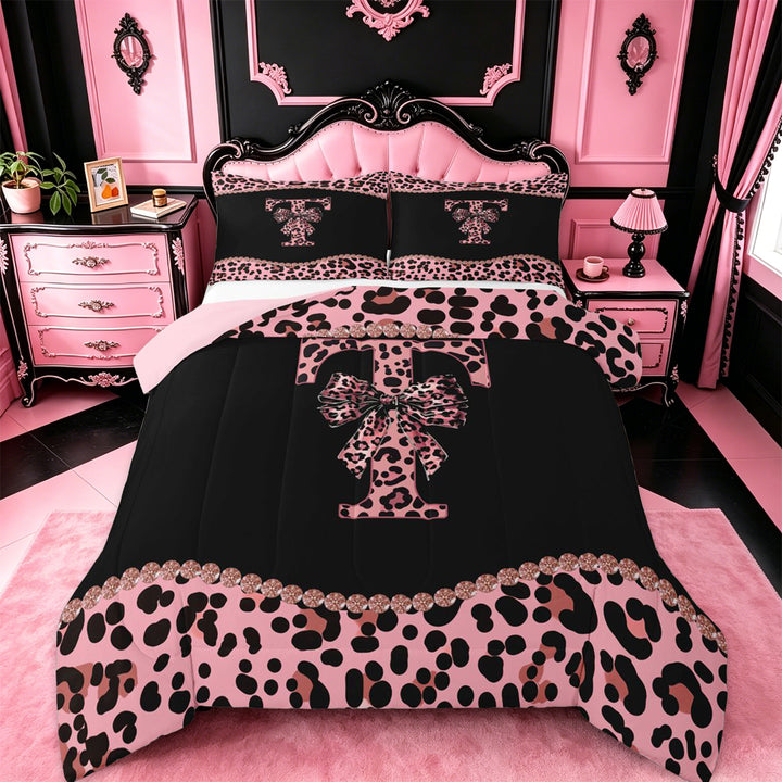 meiyoeat Leopard Bow Monogram T Print Full Size Comforter Sets For Cheetah Bow Lover,Pink Cute Bowknot Bedding Sets For Kids Girls,pink Reversible,3pcs