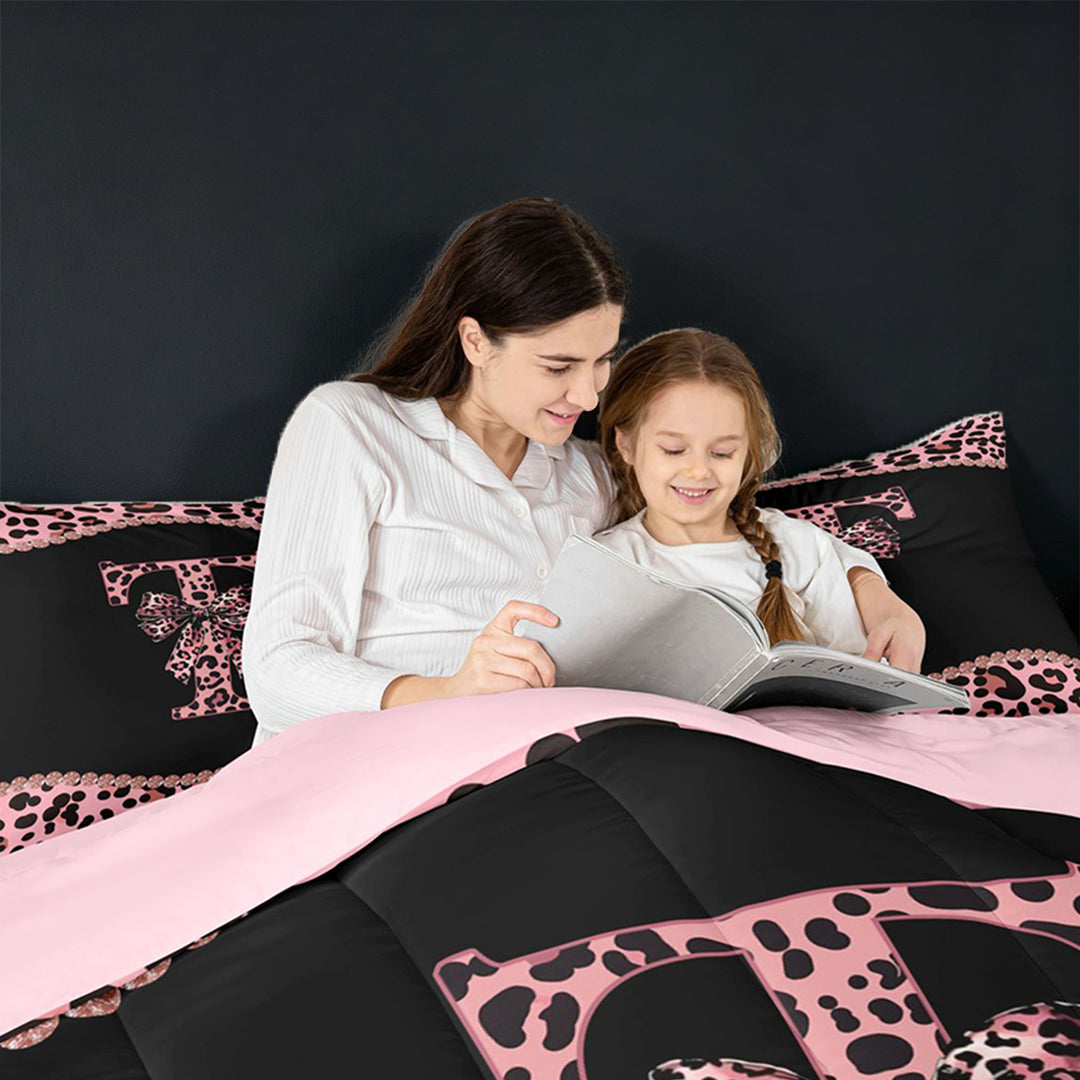 meiyoeat Leopard Bow Monogram T Print 7 Pieces Bedding Comforter Set For Cheetah Bow Lover,Pink Cute Bowknot Full Bedding Set For Kids Girls,pink Reversible