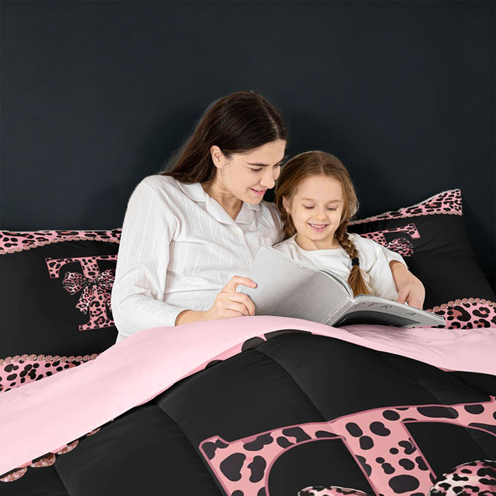 meiyoeat Leopard Bow Monogram T Print 7 Pieces Bedding Comforter Set For Cheetah Bow Lover,Pink Cute Bowknot Full Bedding Set For Kids Girls,pink Reversible