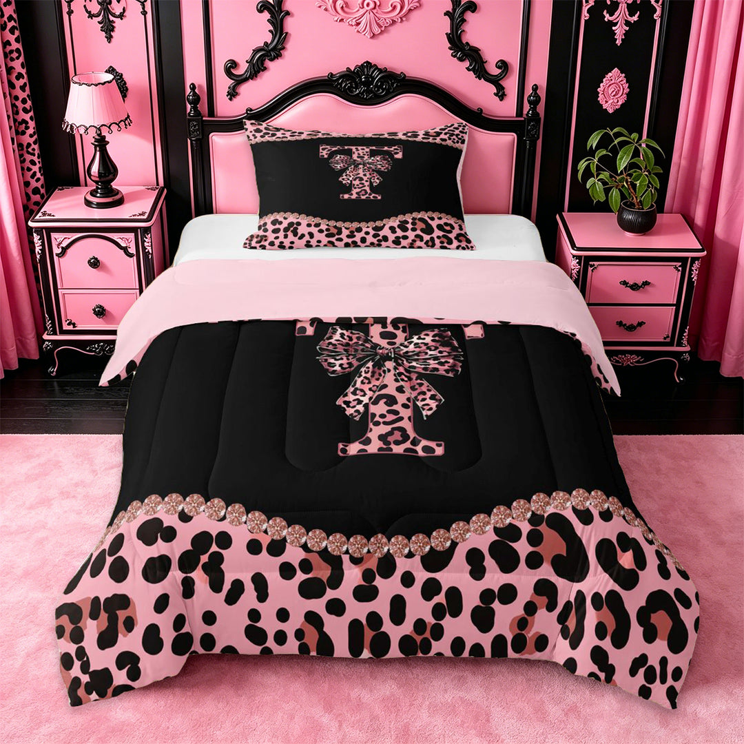meiyoeat Leopard Bow Monogram T Print Full Size Comforter Sets For Cheetah Bow Lover,Pink Cute Bowknot Bedding Sets For Kids Girls,pink Reversible,3pcs