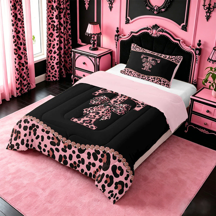 meiyoeat Leopard Bow Monogram T Print Full Size Comforter Sets For Cheetah Bow Lover,Pink Cute Bowknot Bedding Sets For Kids Girls,pink Reversible,3pcs