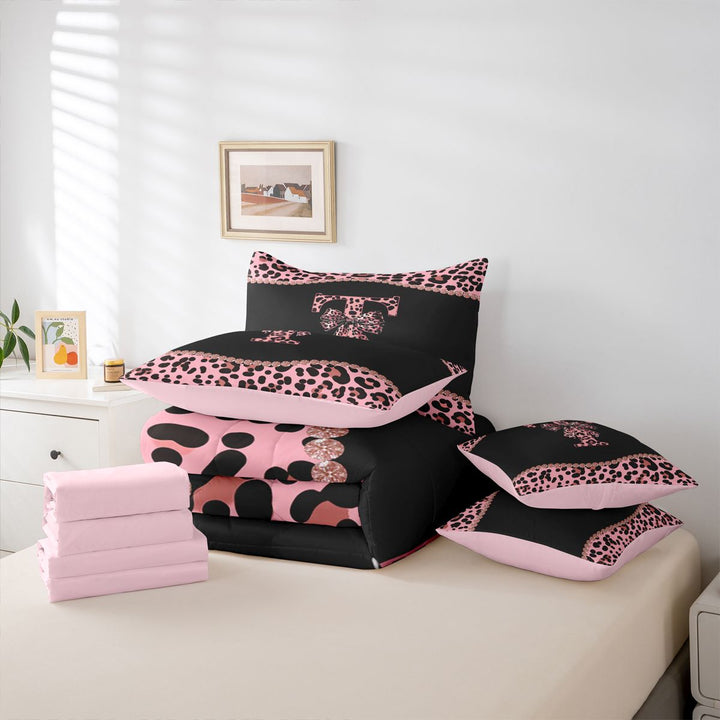 meiyoeat Leopard Bow Monogram T Print 7 Pieces Bedding Comforter Set For Cheetah Bow Lover,Pink Cute Bowknot Full Bedding Set For Kids Girls,pink Reversible