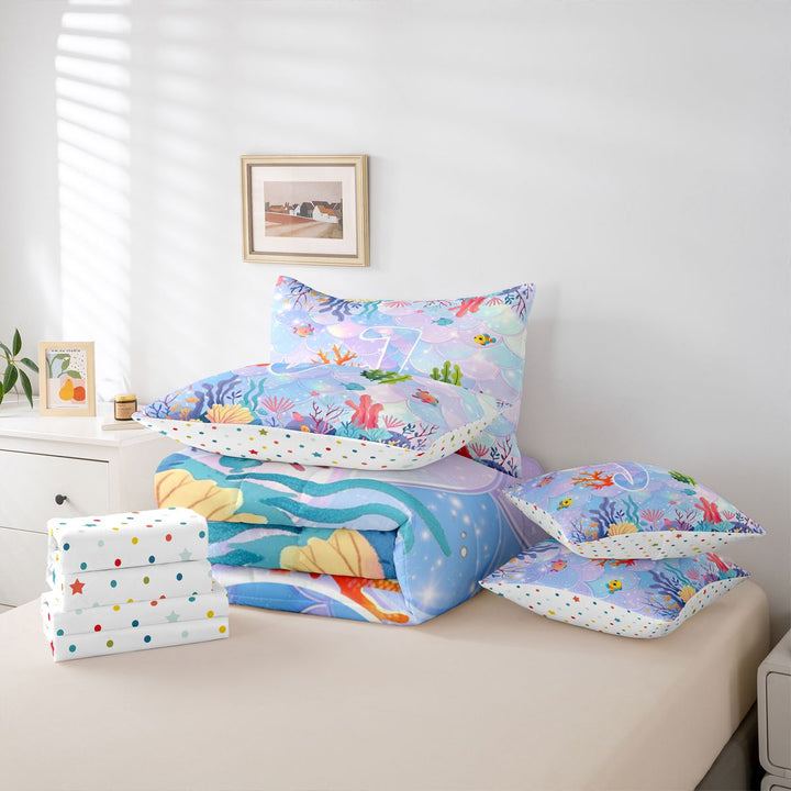 meiyoeat ocean Wave Texture 7 Pieces Full Size Bedding Sets,Watercolor Monogram J Full Size Bed in a Bag,Reversible