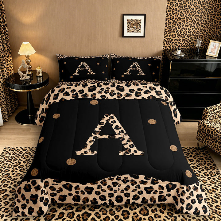 Meiyoeat Vintage Leopard Letter A King Size Comforter Sets 3-Piece for Women Girls, Retro Polka Dot Bedding Comforter Set for Daily, Black Beige Brown,Black Reversible