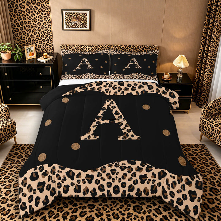 Meiyoeat Vintage Leopard Letter A King Size Comforter Sets 3-Piece for Women Girls, Retro Polka Dot Bedding Comforter Set for Daily, Black Beige Brown,Black Reversible