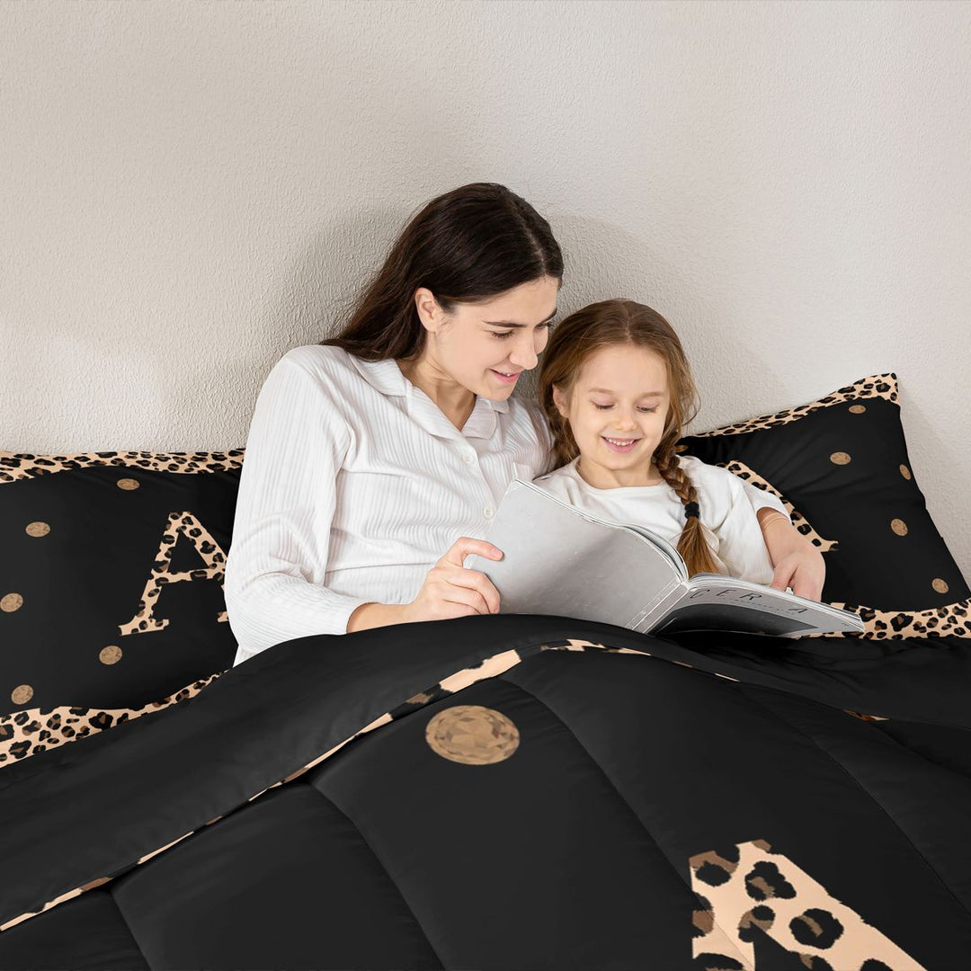 Meiyoeat Vintage Leopard Letter A King Size Comforter Sets 3-Piece for Women Girls, Retro Polka Dot Bedding Comforter Set for Daily, Black Beige Brown,Black Reversible