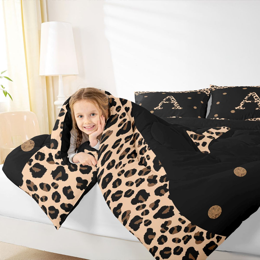 Meiyoeat Vintage Leopard Letter A Bedding Comforter Set 7-Piece for Women Girls, Retro Polka Dot King Bedding Sets for Daily, Black Beige Brown,Black Reversible