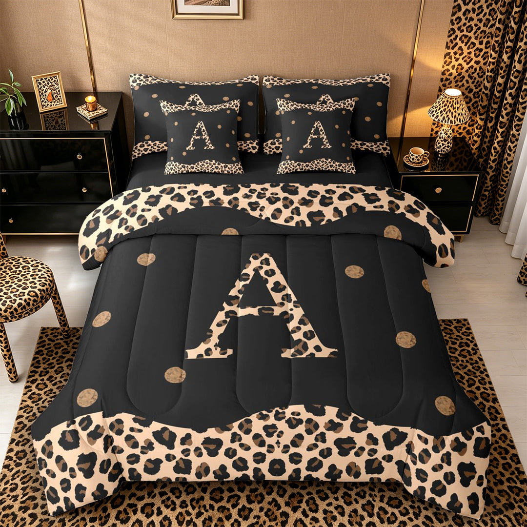 Meiyoeat Vintage Leopard Letter A Bedding Comforter Set 7-Piece for Women Girls, Retro Polka Dot King Bedding Sets for Daily, Black Beige Brown,Black Reversible