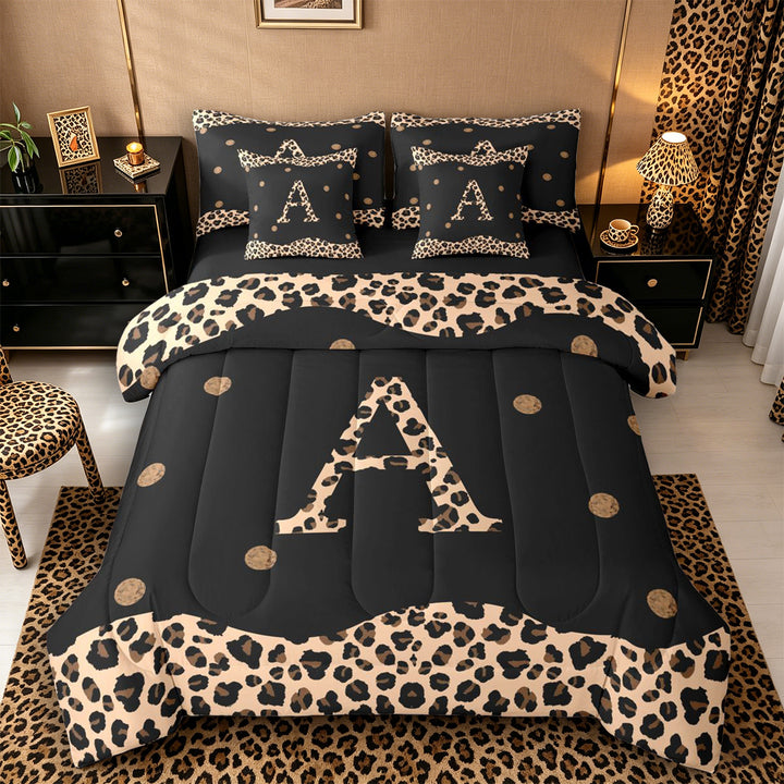 Meiyoeat Vintage Leopard Letter A Bedding Comforter Set 7-Piece for Women Girls, Retro Polka Dot King Bedding Sets for Daily, Black Beige Brown,Black Reversible