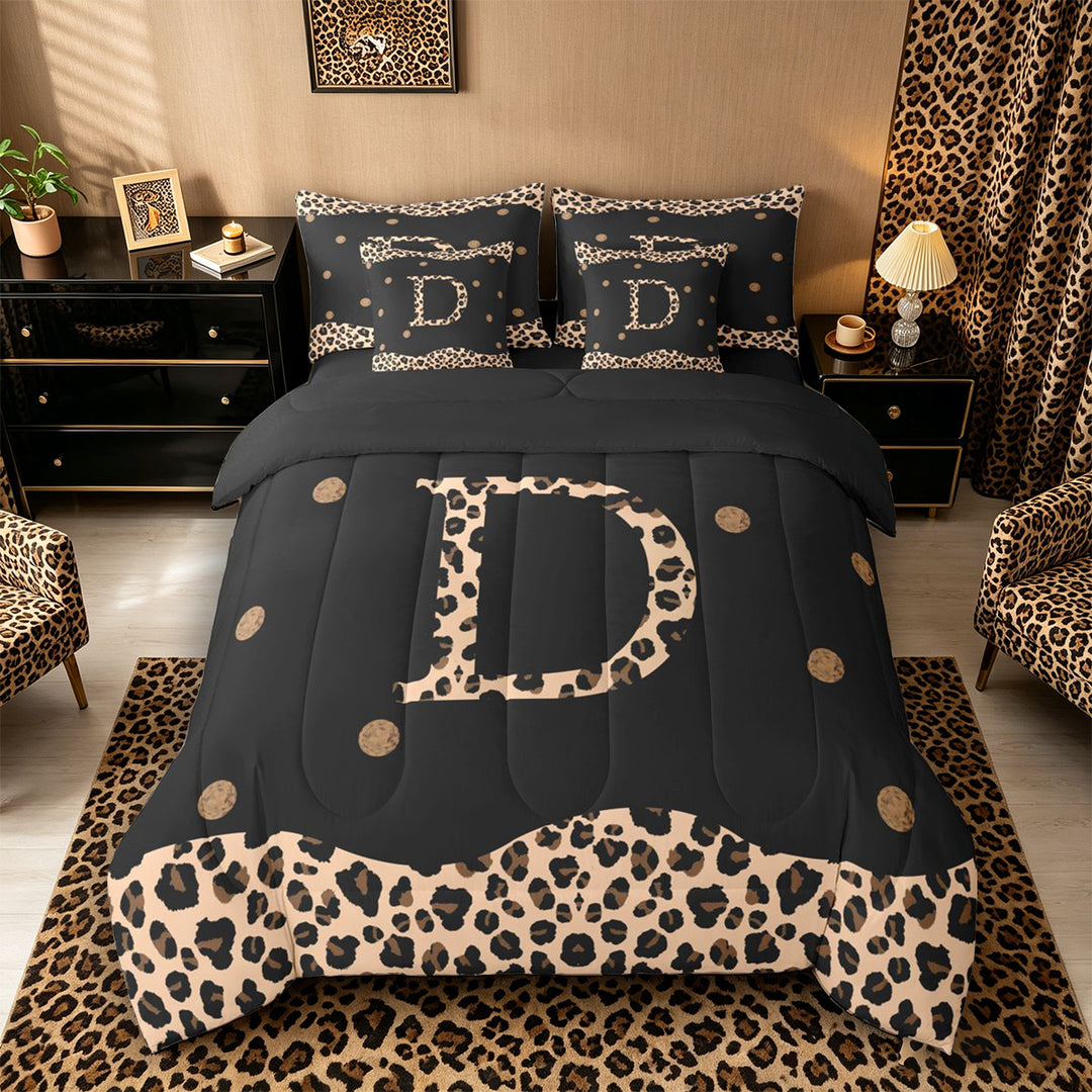 Meiyoeat Animal Leopard Letter D Bedding Comforter Set 7-Piece for Women Juniors, Classic Polka Dot King Bedding Sets for Bedroom, Black Beige Brown,Black Reversible