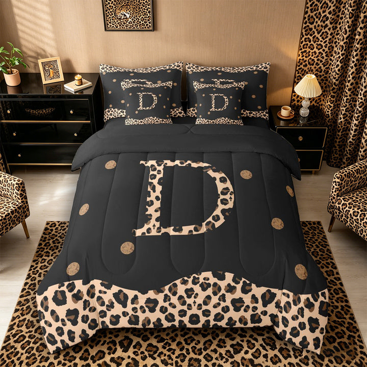 Meiyoeat Animal Leopard Letter D Bedding Comforter Set 7-Piece for Women Juniors, Classic Polka Dot King Bedding Sets for Bedroom, Black Beige Brown,Black Reversible