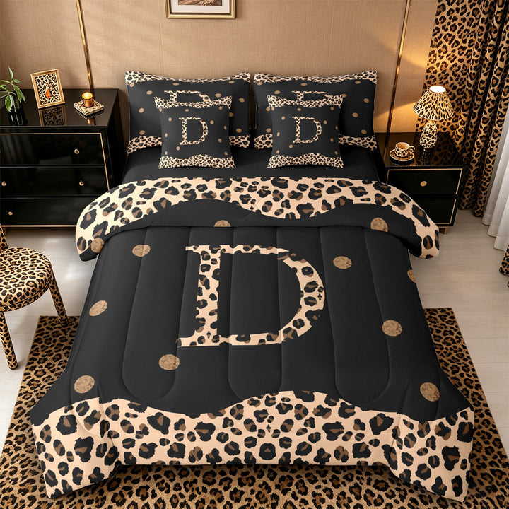 Meiyoeat Animal Leopard Letter D Bedding Comforter Set 7-Piece for Women Juniors, Classic Polka Dot King Bedding Sets for Bedroom, Black Beige Brown,Black Reversible