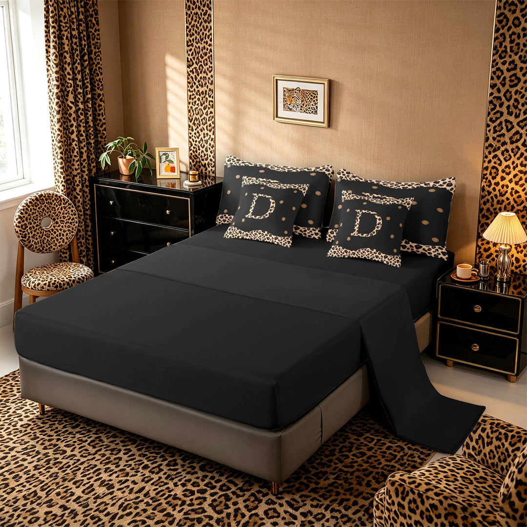 Meiyoeat Animal Leopard Letter D Bedding Comforter Set 7-Piece for Women Juniors, Classic Polka Dot King Bedding Sets for Bedroom, Black Beige Brown,Black Reversible