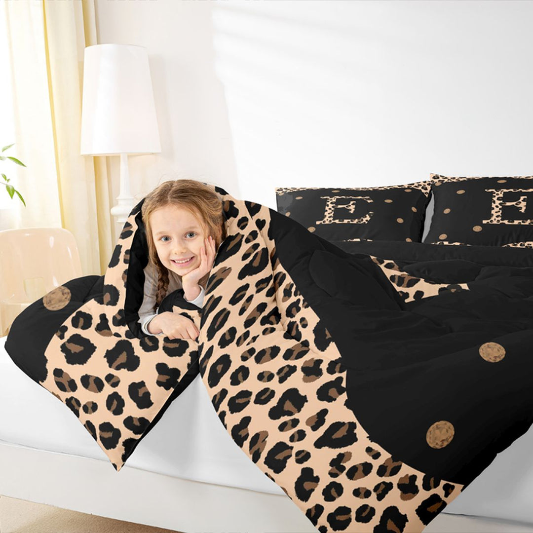 Meiyoeat Vintage Leopard Letter E Bedding Comforter Set 7-Piece for Women Youth, Retro Polka Dot King Bedding Sets for Decor, Black Beige Brown,Black Reversible