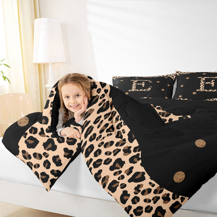 Meiyoeat Vintage Leopard Letter E Bedding Comforter Set 7-Piece for Women Youth, Retro Polka Dot King Bedding Sets for Decor, Black Beige Brown,Black Reversible