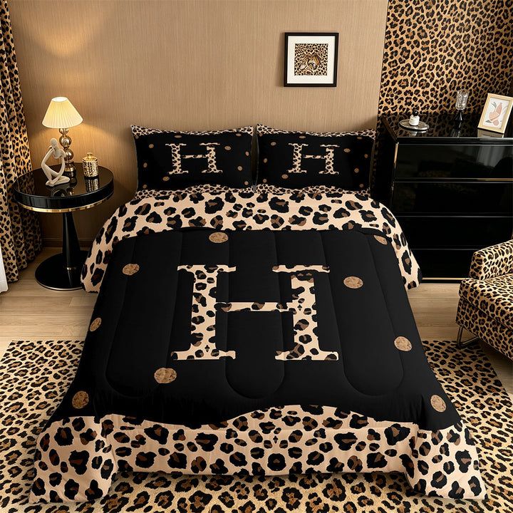 Meiyoeat Trendy Leopard Letter H King Size Comforter Sets 3-Piece for Women Kids, Chic Polka Dot Bedding Comforter Set for Nursery, Black Beige Brown,Black Reversible