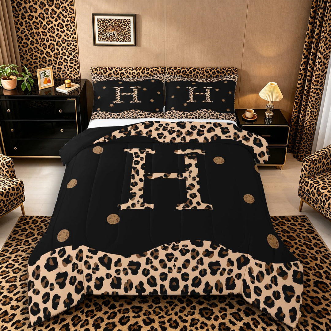Meiyoeat Trendy Leopard Letter H King Size Comforter Sets 3-Piece for Women Kids, Chic Polka Dot Bedding Comforter Set for Nursery, Black Beige Brown,Black Reversible